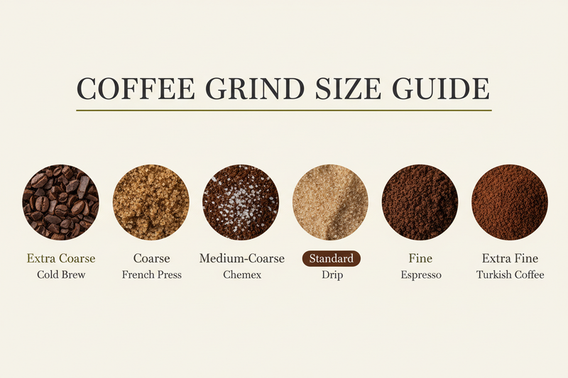 Coffee Palate grind size guide showing grind types for each brew method