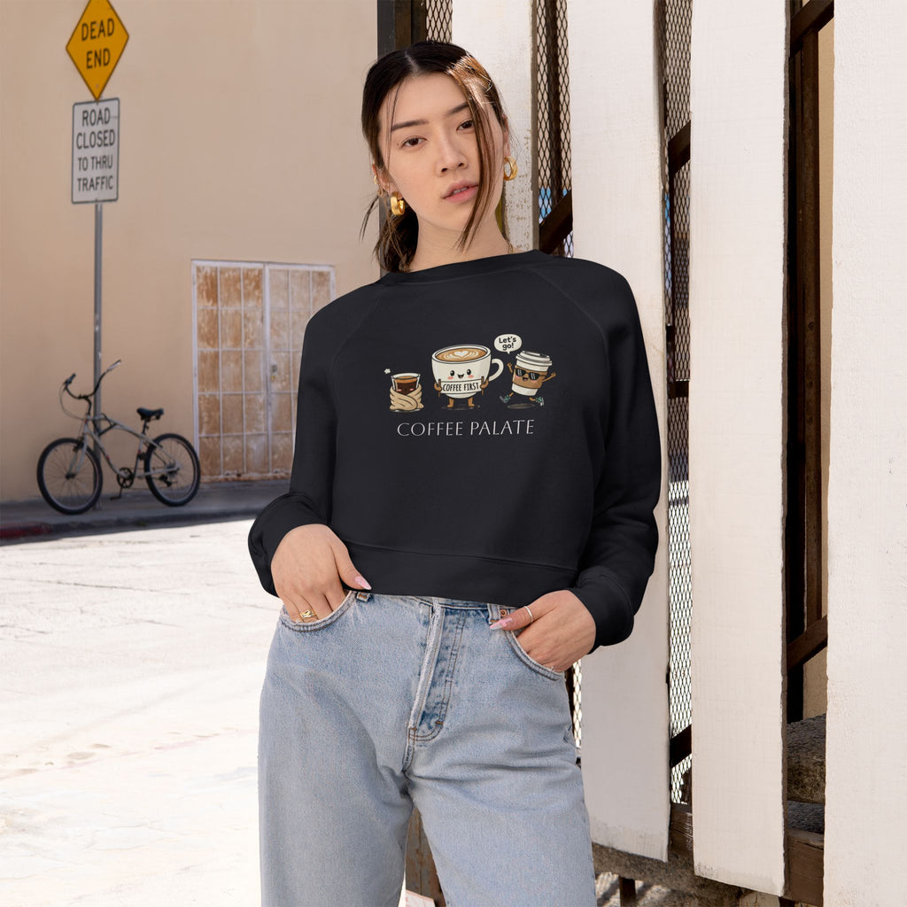 Cropped Pullover — Cute Coffee Crew Illustration