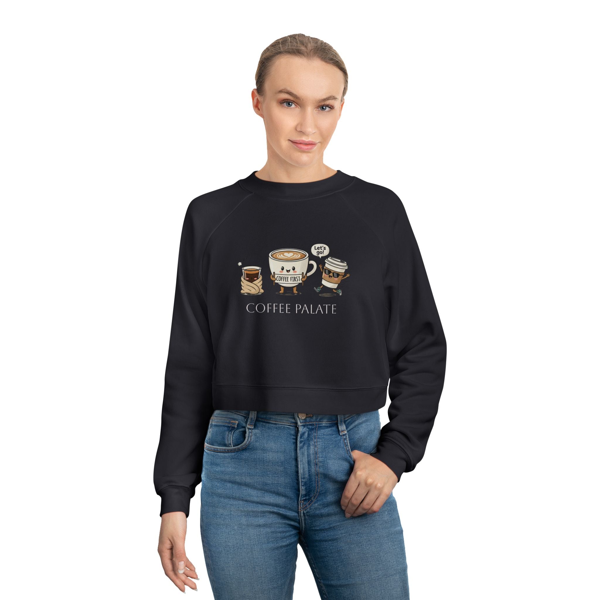 Cropped Pullover — Cute Coffee Crew Illustration