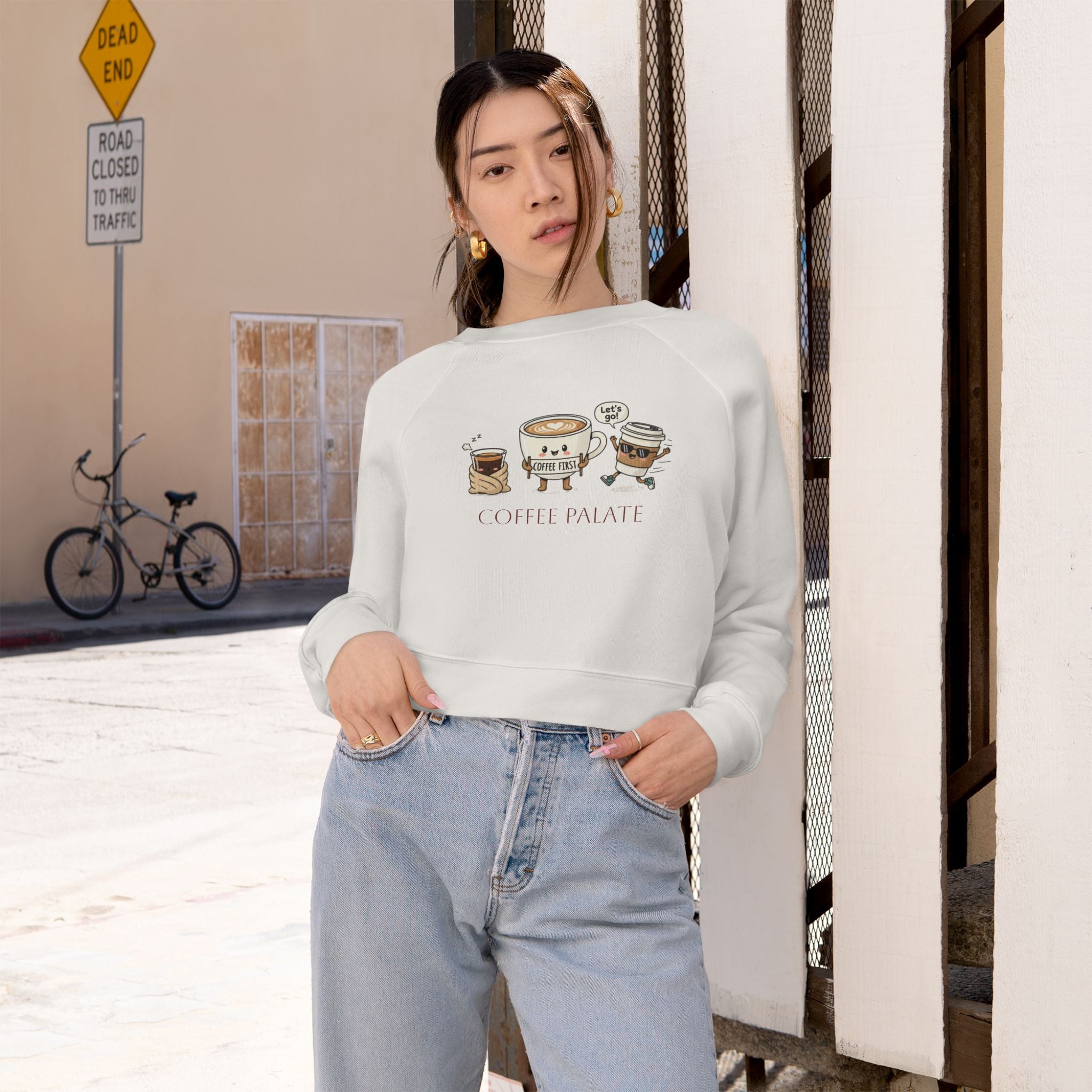 Cropped Pullover — Cute Coffee Crew Illustration