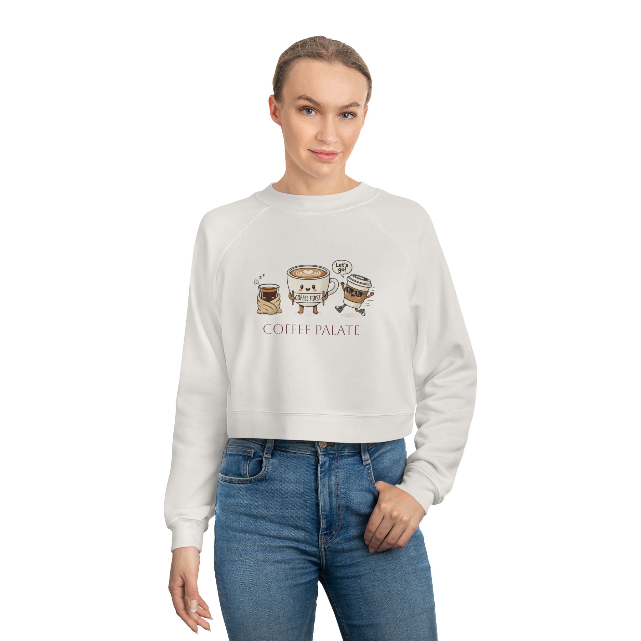 Cropped Pullover — Cute Coffee Crew Illustration