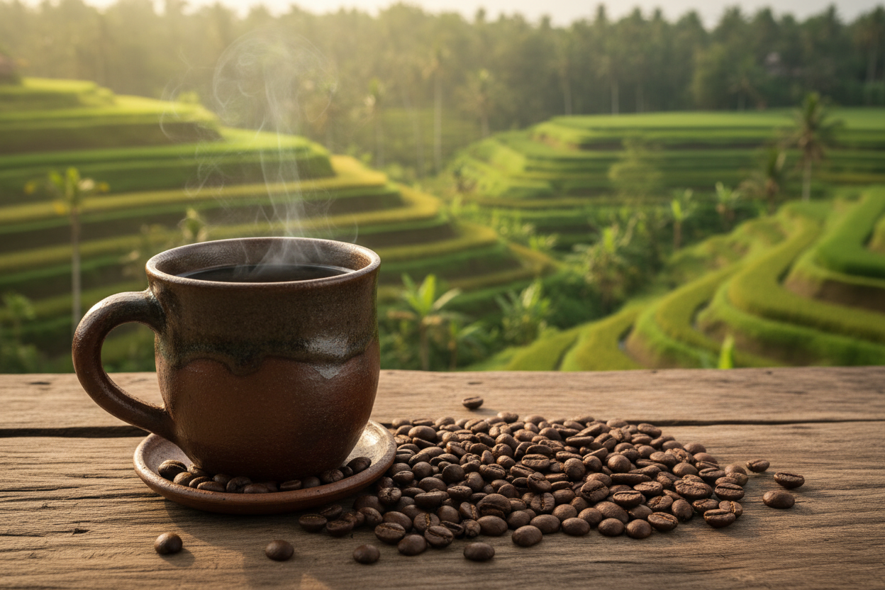 coffee beans in bali with a mug of coffee