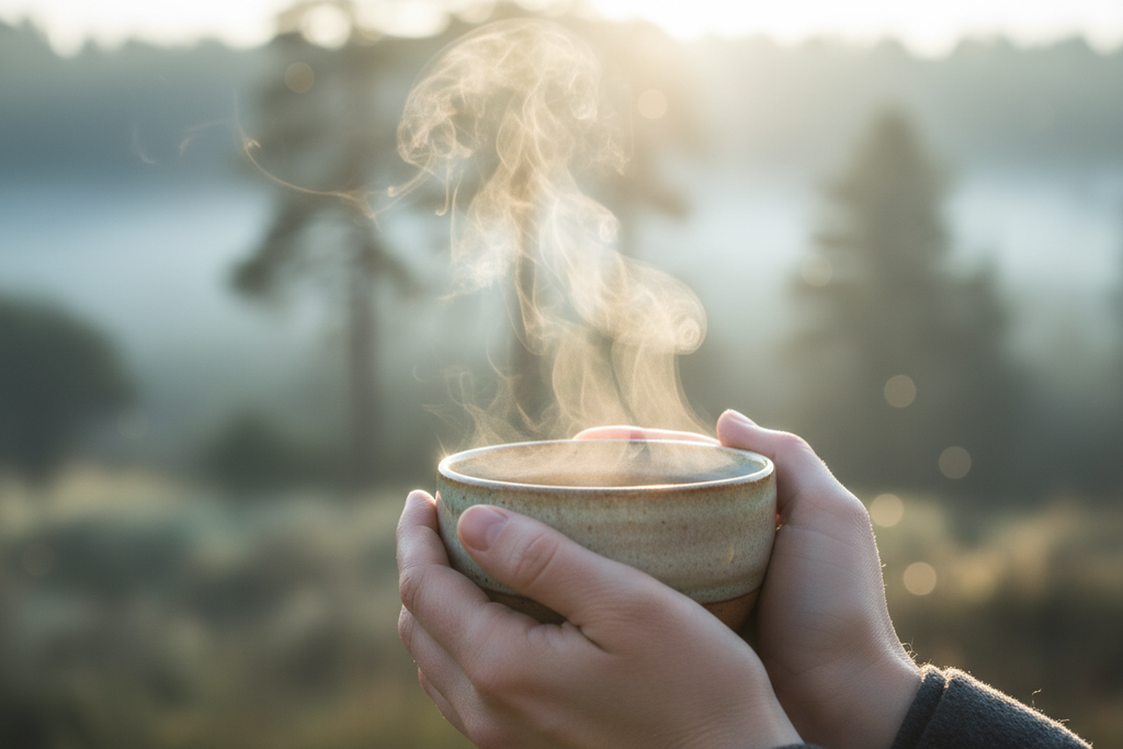 hands holding on to a cup of steaming tea with a peaceful background 