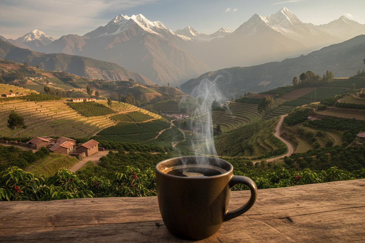 mug of coffee with a background in peru