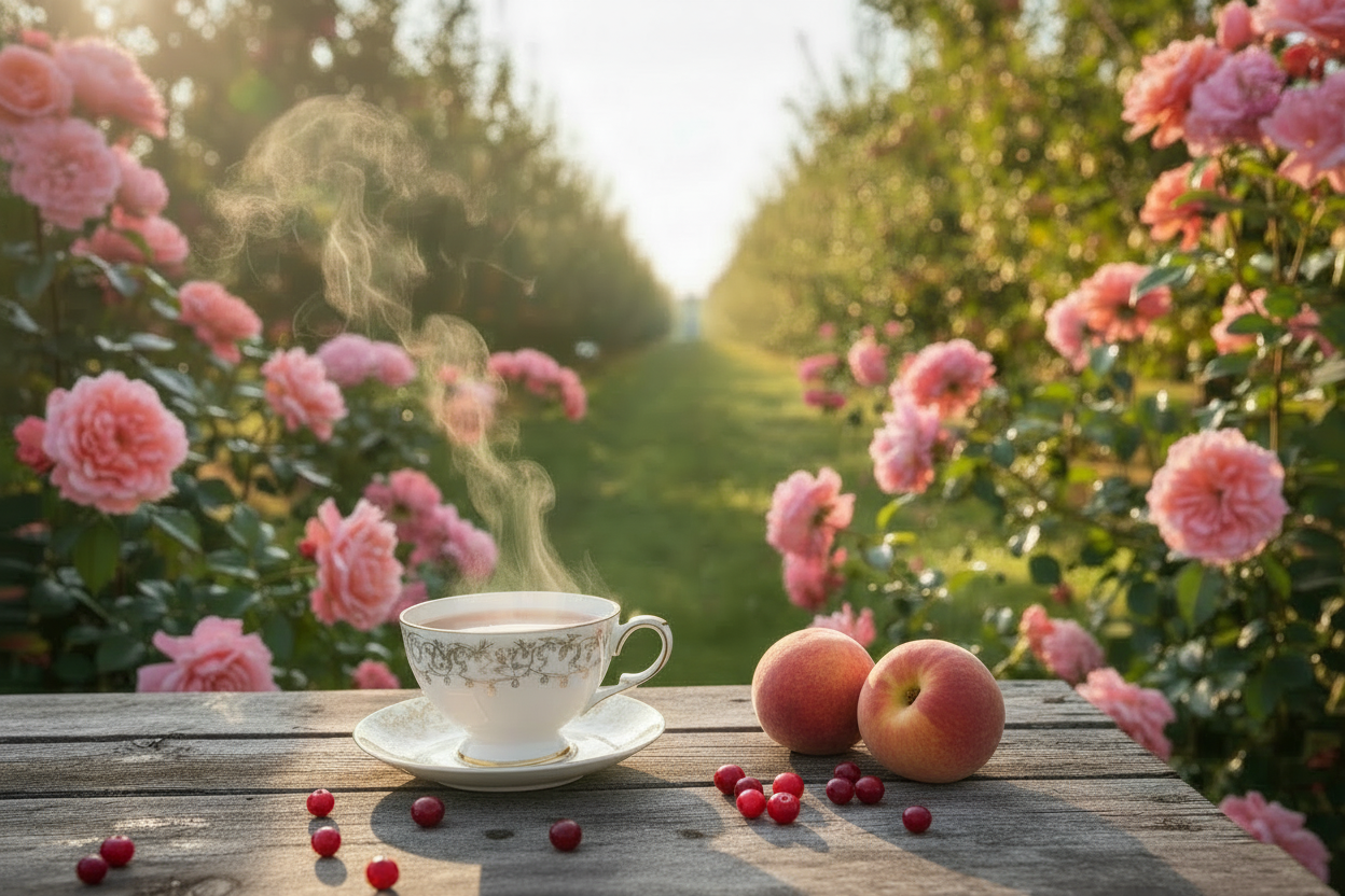 place two peaches on table and scattered cranberries