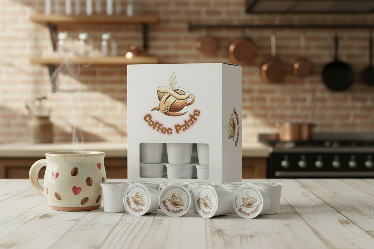 White coffee capsules with Coffee Palate logo on lids
