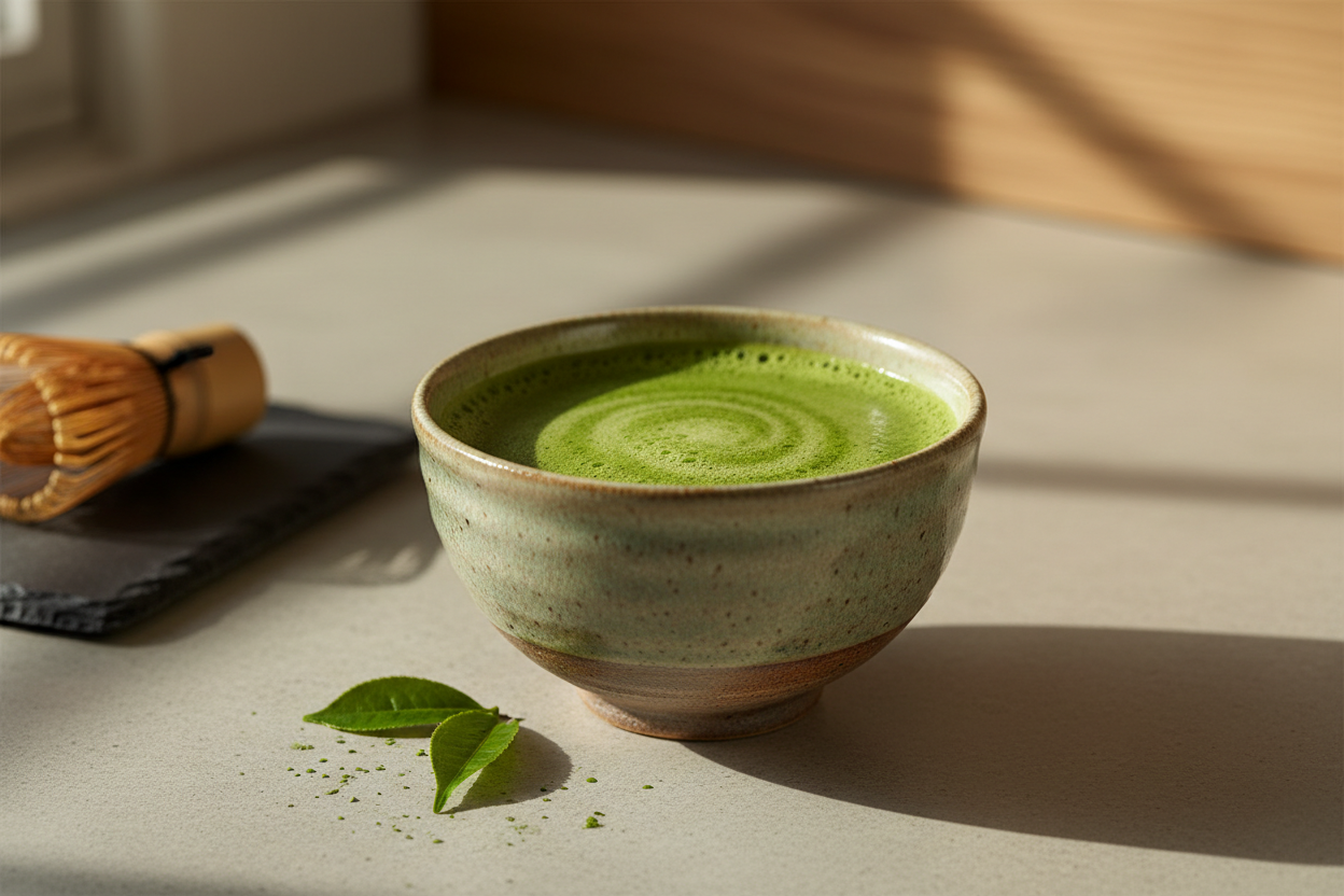 with a cup of matcha tea
